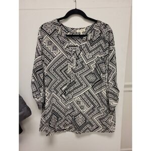 Faith Joy Womens Blouse 2X Black White Print Top Shirt‎ Ladies Plus Size 2X